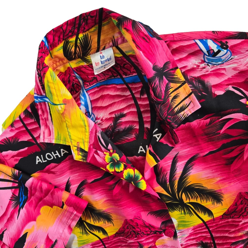 LA LEELA Hawaiian Blouse Shirt Womens Sz M Short Sleeve Top Aloha Tropical Beach